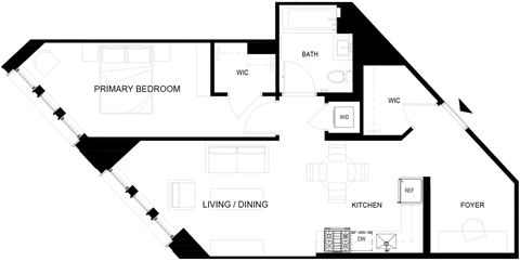 Floor plan for 1 bed, 1 bath, 697 sqft